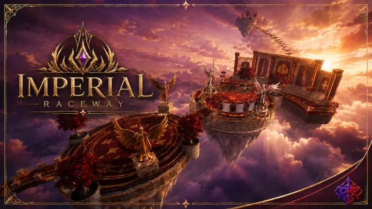 Ornate maroon and gold floating raceway at sunset in Imperial Raceway