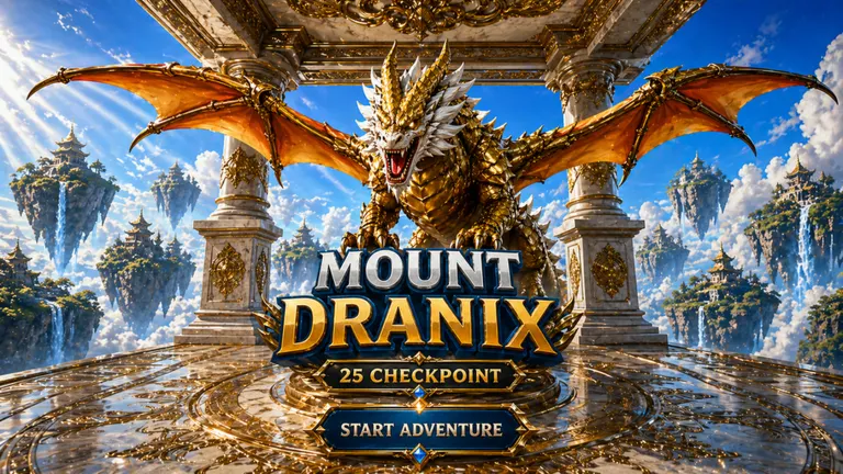 Golden dragon overlooking the bright floating-island world of Mount Dranix