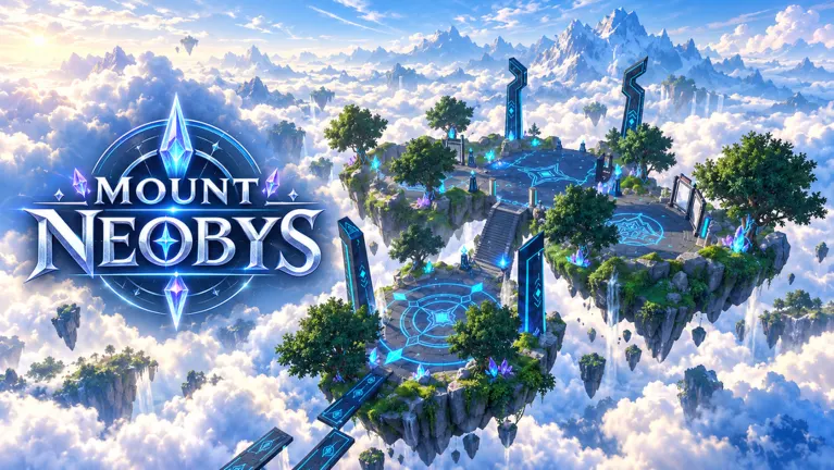 Cyan crystal pathways connecting the floating islands of Mount Neobys above the clouds