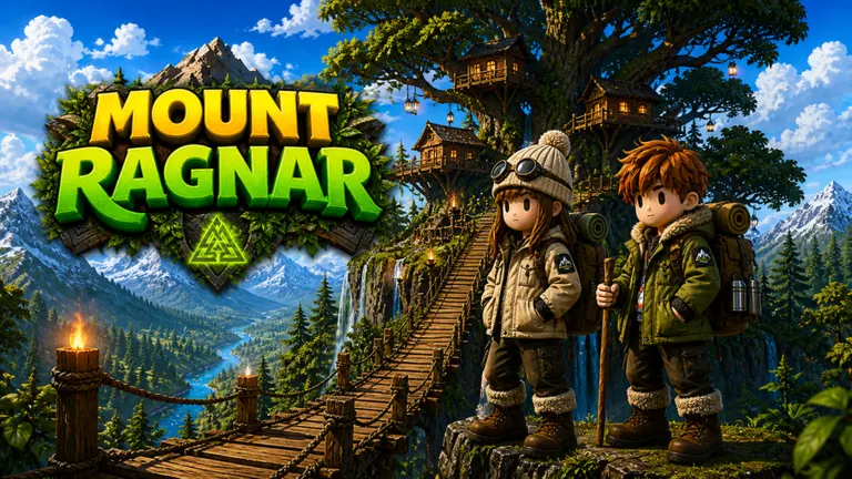 Mount Ragnar mountain landscape with two Roblox adventurers beside a treehouse trail